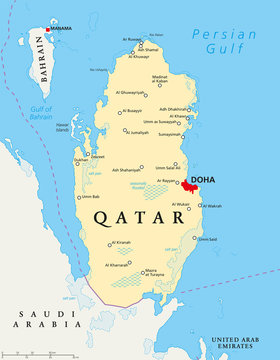 Qatar political map with capital Doha, national borders, important cities, salt pans and reefs. English labeling and scaling. Illustration.