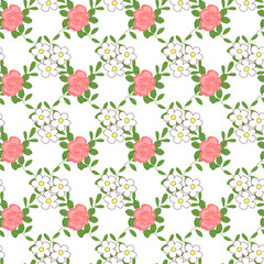 Seamless pattern with cartoon daisies and roses.