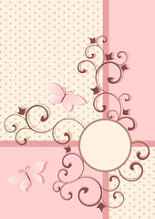 Background in pink colors with vintage pattern and butterfly.