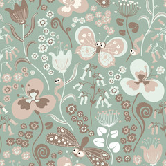 Colorful seamless floral pattern with stylized butterfly and dragonfly.