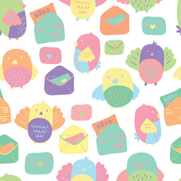 Love Letter seamless vector pattern with adorable lovebirds and letters. Hand drawn texture for fabrics, paper and web. St.Valentines Day.