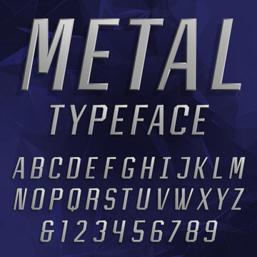 Chrome Alphabet Vector Font. Type letters and numbers. Beveled metal effect letters on the polygonal background. Vector typeface for headlines, posters etc.