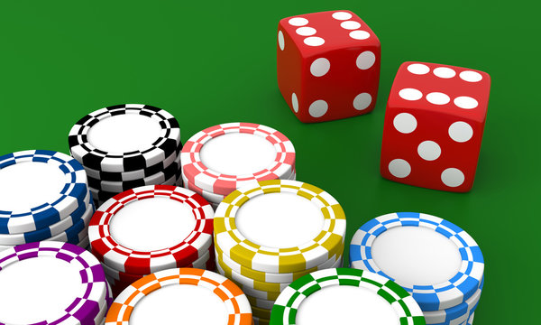 Gambling casino. Dice and chips on green isolated background.