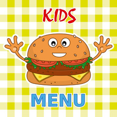  kids menu. Funny burger with face and hands