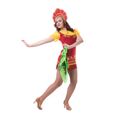 Young woman wearing a folk costumes dancing.  Isolated on white in full length with copyspace
