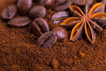 Close-up of coffee beans on pile of roasted coffee. Coffee beans