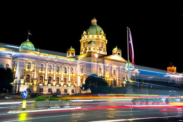 Parliament of the Republic of Serbia in Belgrade at night - obrazy, fototapety, plakaty