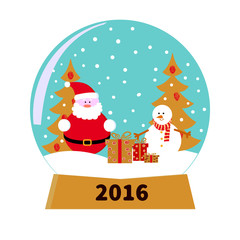 New Year glass ball with Santa, snowman and numbers 2016. Vector illustration.