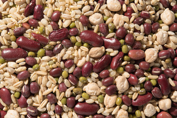 Organic 8 grain-beans dessert on white background  - Organic Adzuki, Organic Red Kidney Beans, Organic Chickpeas, Organic Brown Rice, Organic Raw Oat Groat, Organic Millet, Organic Mung Beans, Barley.