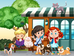 Children playing with cats and dogs