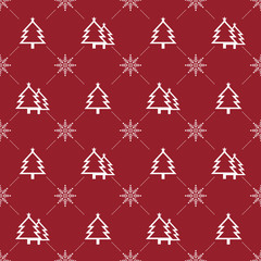 Christmas Seamless Pattern.  Christmas Tree & Snowflake on Red Background. Vector illustration.