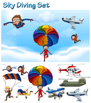 Sky diving set with people and equipment