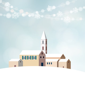 Christmas greeting card with winter snowy landscape, little village with church and lights, vector