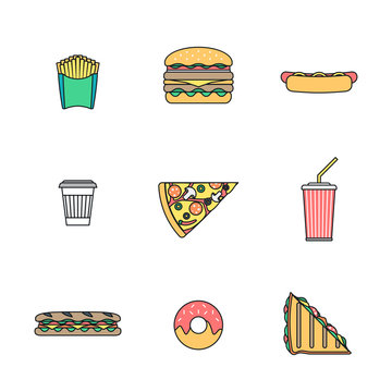 colored outline various fast food icons collection.