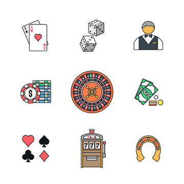 colored outline various gambling icons collection.