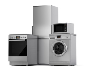 Home appliances. Refrigerator, washing machine, electric stove and microwave isolated on white