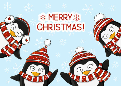 Cute cartoon penguins on snow background
