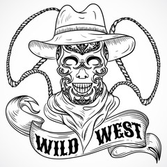 Wild west. Vintage poster with scull cowboy, lasso and ribbon banner .Retro hand drawn vector illustration in sketch style