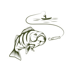 illustration of fisherman in a boat and big mouth bass