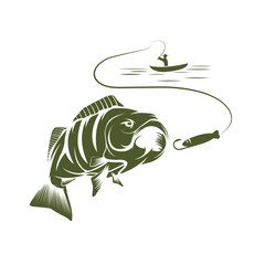 illustration of fisherman in a boat and big mouth bass