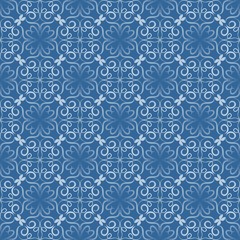 Seamless decorative vector tile with white filigree lace patterns on blue background in art nouveau style. Vintage background with geometric regular ornament