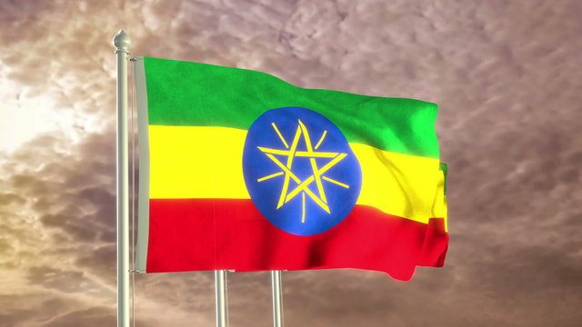Three flags of Ethiopia waving in the wind (4K high detailed 3D render) with a dramatic sky in the background
