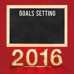 Goal for 2016 year on blackboard on red studio room background
