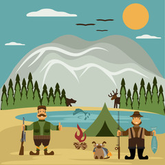 Flat design illustration with fisherman and hunter. Vector