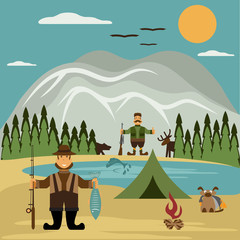 Flat design illustration with fisherman and hunter. Vector