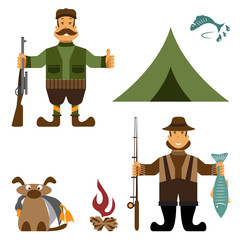 Flat design illustration with fisherman and hunter icons. Vector