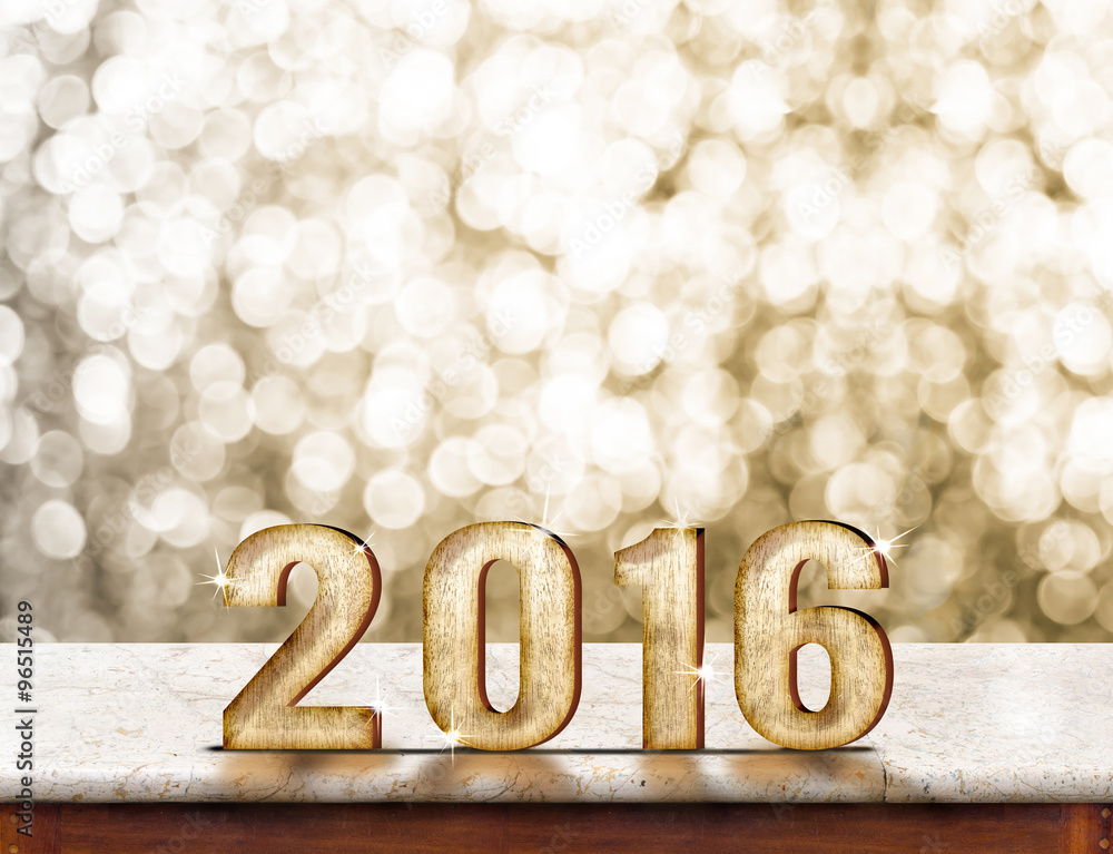 Poster 2016 year wood texture on marble table with gold sparkling bokeh