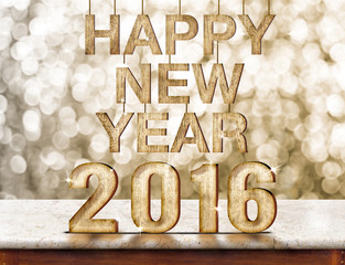 Happy New Year 2016 wood texture on marble table with sparkling