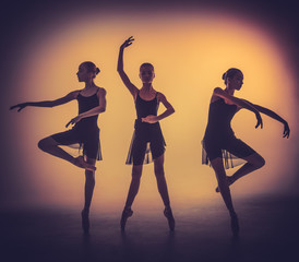 The silhouettes of young ballet dancers posing on a gray backgro
