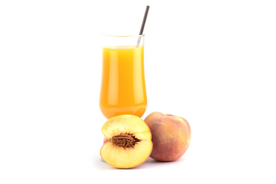 fresh peaches juice and fruit on white background