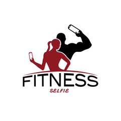 man and woman of fitness silhouette character make selfie vector