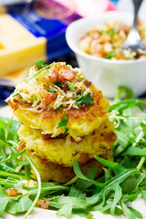 potato fritters with a green salad