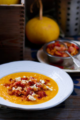 pumpkin soup with chickpea and bacon