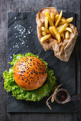 Homemade hamburger with french fries