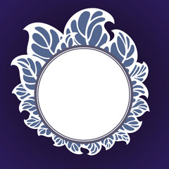 round frame with leaves in white on a blue background