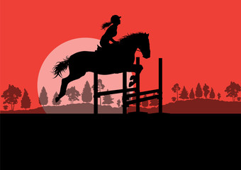 Horses with rider equestrian sport vector background