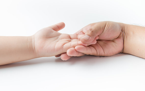 Father hand touch on boy hand isolated