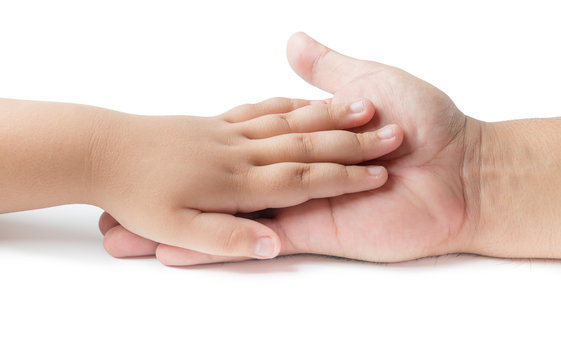 Little hand  touch on father hand isolated