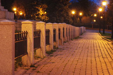 City park alley illuminated by street lights