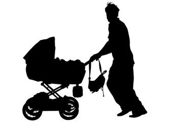 Families with child and carriage on white background