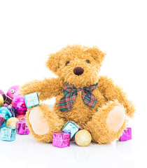 Teddy bear with gifts and ornaments christmas