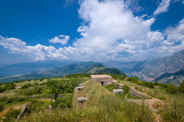 Fototapeta na wymiar Fort Gorazda ruins and wide angle landscape view to Bay of Kotor