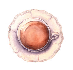 Top view above of cup wit tea or coffee and saucer. Watercolor.