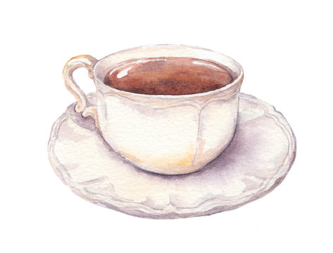 Vintage cup and saucer in provence style with tea or coffee. Watercolor 
