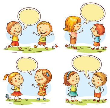 Happy kids talking and showing different emotions, set of four scenes with speech bubbles