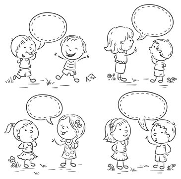Kids talking and showing different emotions, set of four scenes with speech bubbles, black and white outline